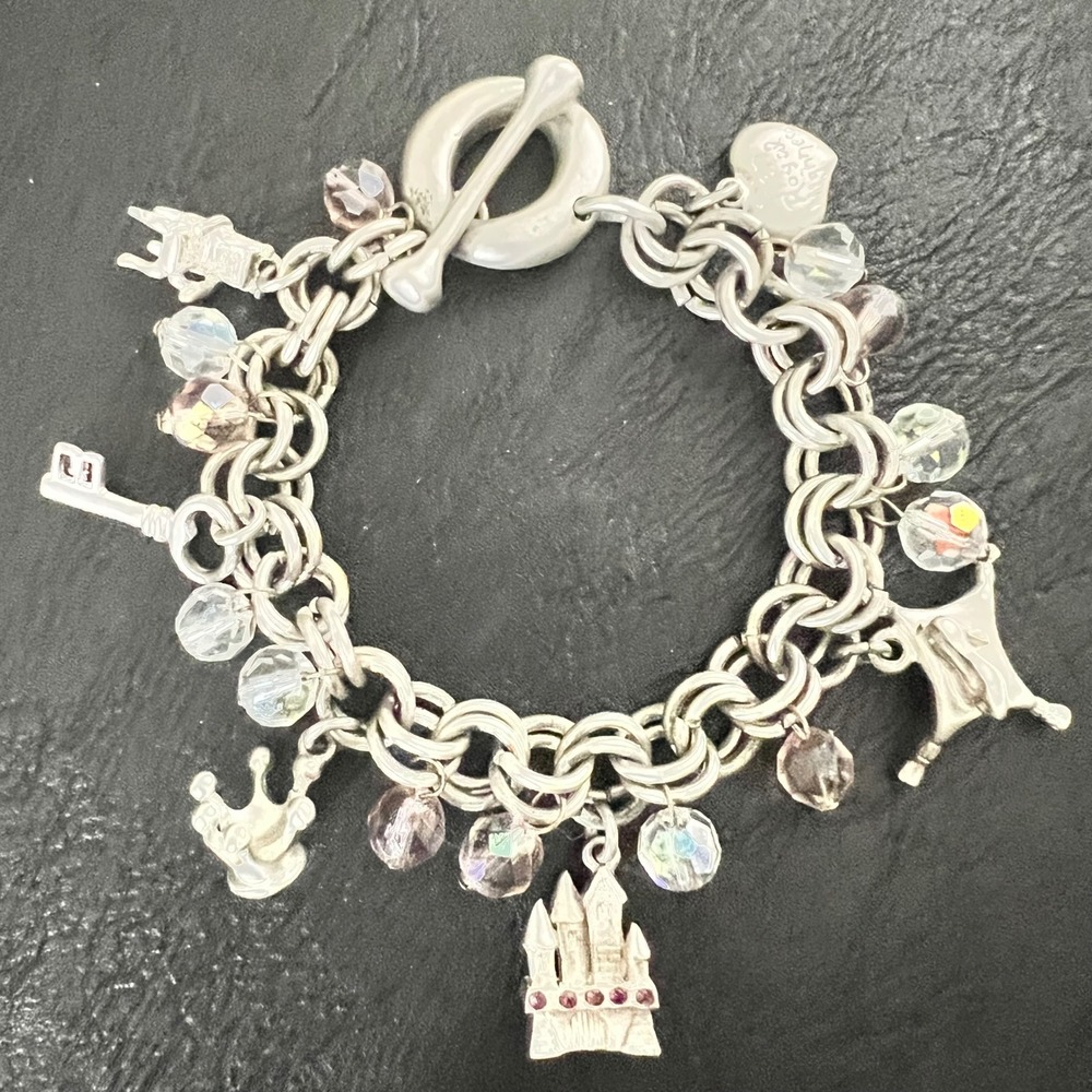 Her Royal Highness Princess Charm Bracelet Silver Tone Glass Beads 7.5"‎ Y2K